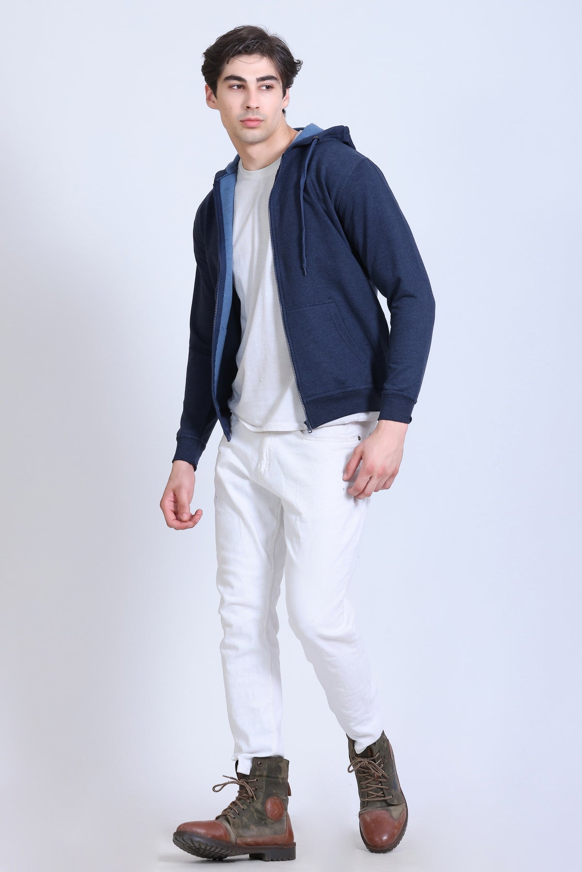 Pikmee Zero Degree Men's Zippered Hooded Sweatshirt - Denim Blue