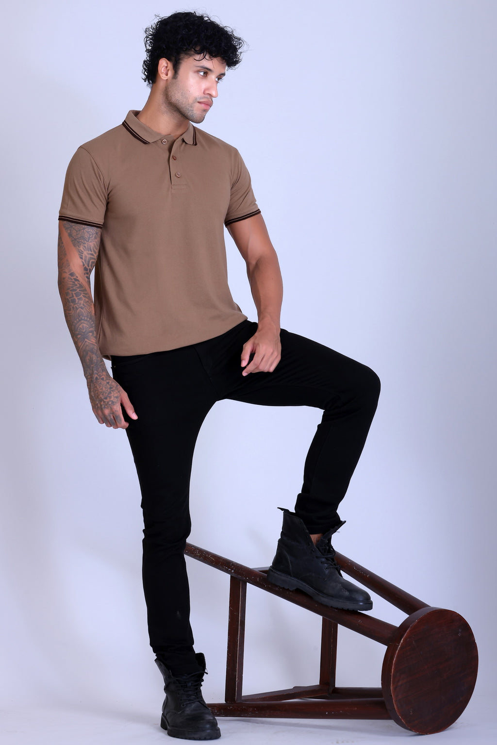 PIKMEE Tipline Polo T-Shirt in Beige with Brown Tipping - image 7