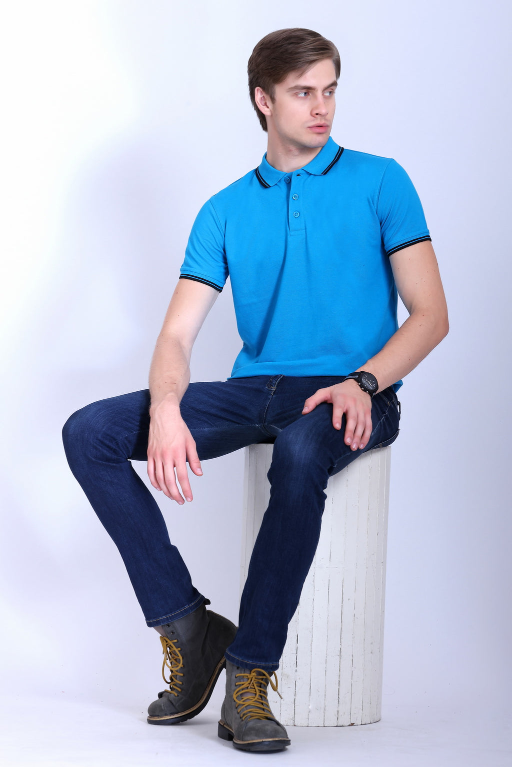 PIKMEE Tipline Polo T-Shirt in Aqua Blue with Black Tipping - image 7