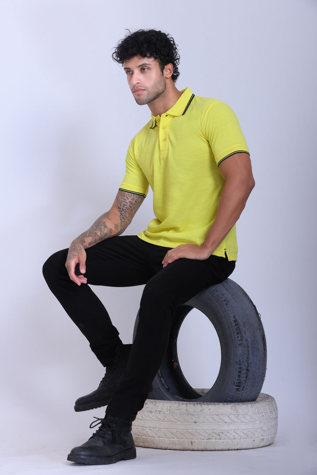 PIKMEE Tipline Polo T-Shirt in Lemon Yellow with Black Tipping - image 7