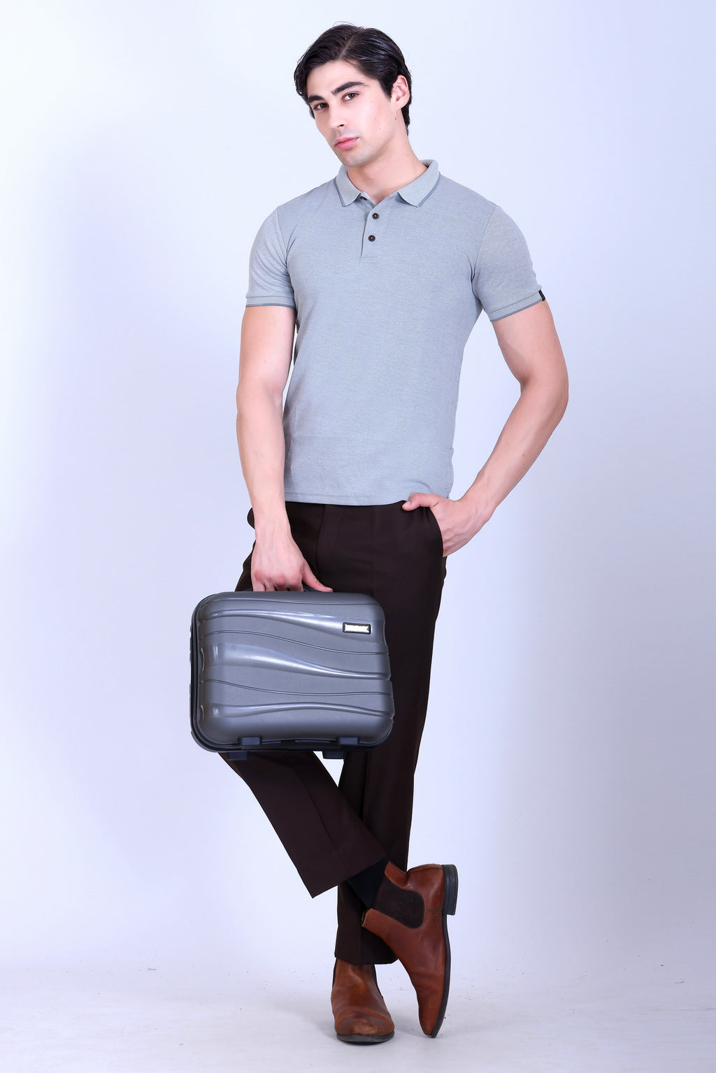 WINBARG Bird Eye Polo T-Shirt in Light Grey Melange - image 6