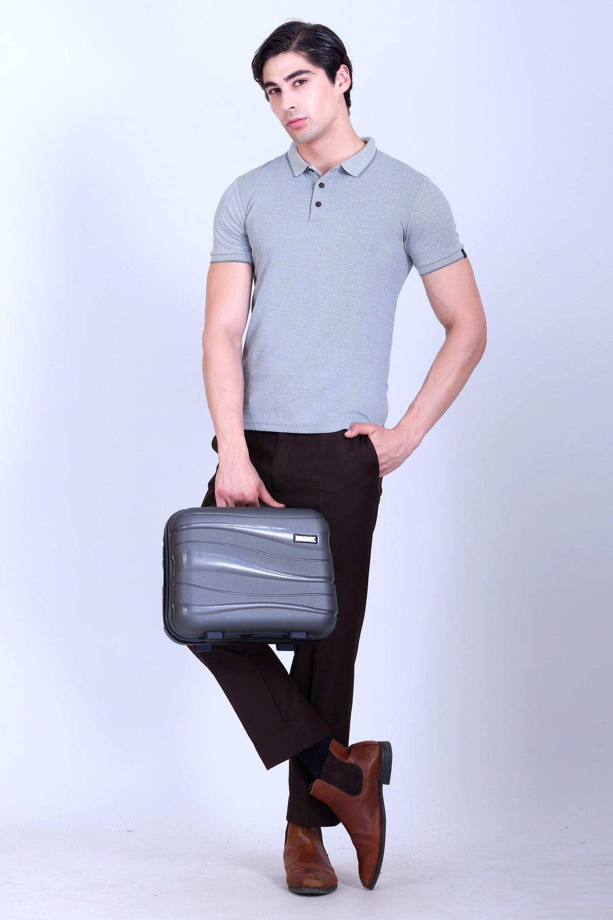 WINBARG Bird Eye Polo T-Shirt in Light Grey Melange - image 6