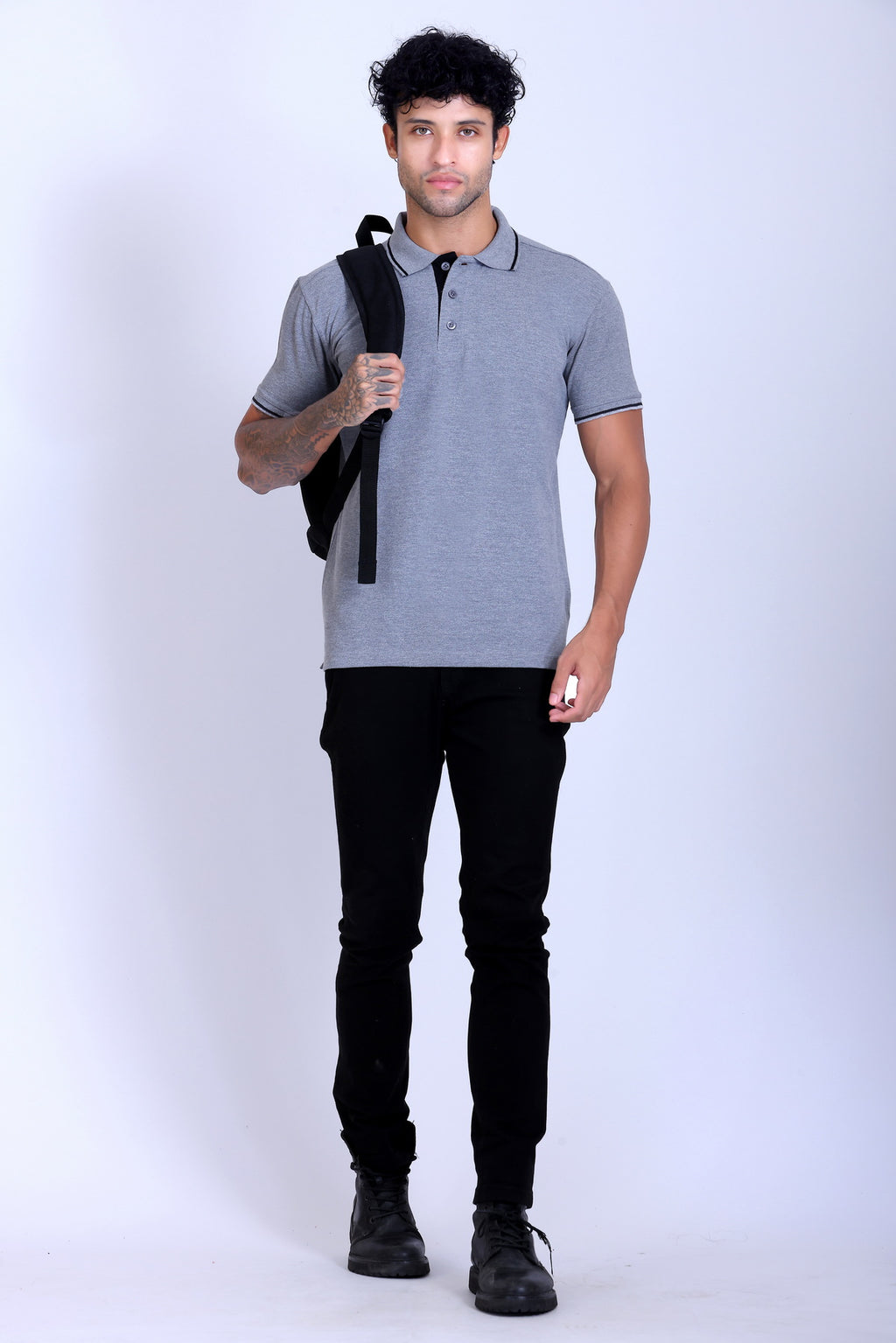 PIKMEE Highline Polo T-Shirt in Grey Melange with Black - image 7