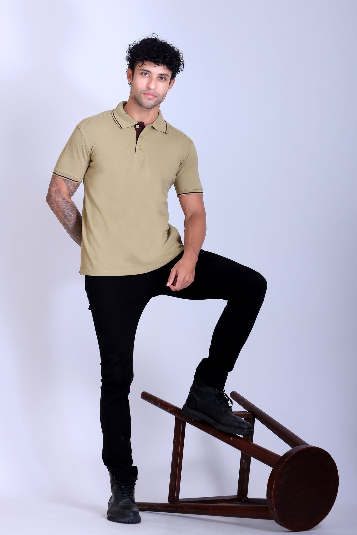 PIKMEE Highline Polo T-Shirt in Beige with Brown - image 7