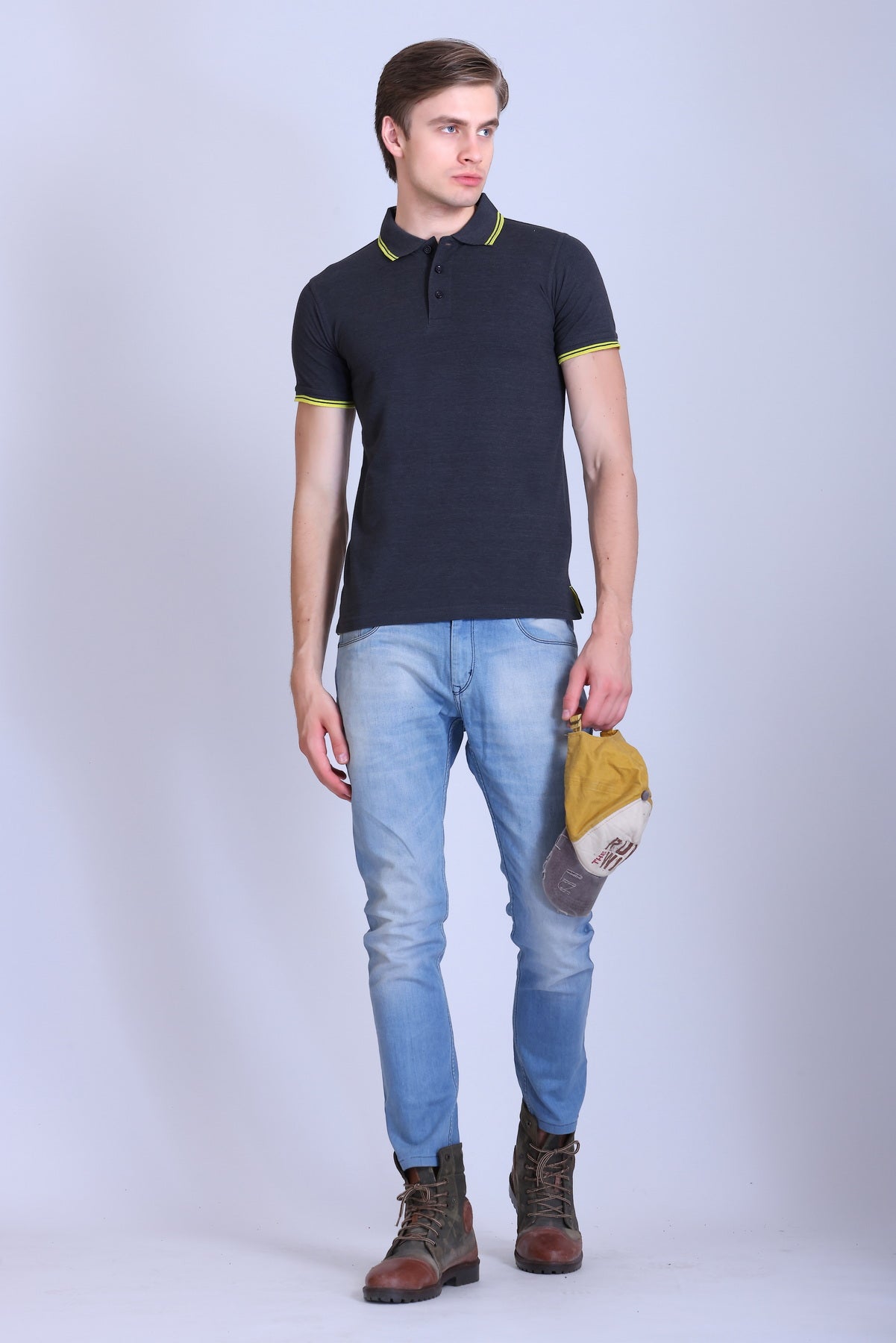 PIKMEE Tipline Polo T-Shirt in Charcoal Grey with Yellow Tipping - image 7