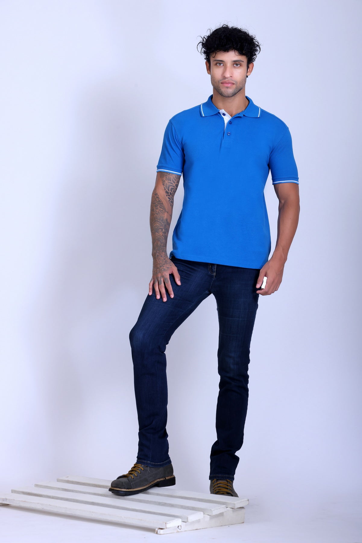 PIKMEE Highline Polo T-Shirt in Turquoise Blue with White - image 7
