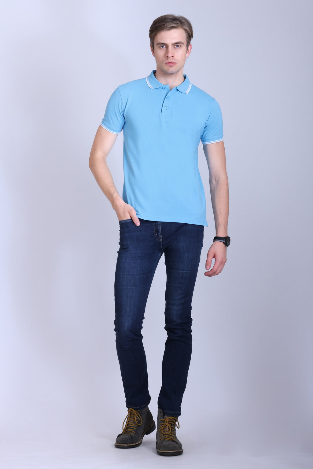 PIKMEE Tipline Polo T-Shirt in Sky Blue with White Tipping - image 7