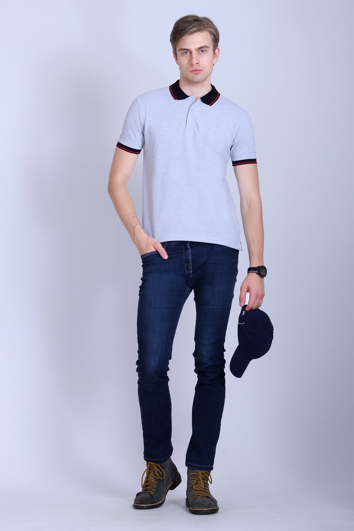 PIKMEE Highline Polo T-Shirt in White Melange with Red (Navy Collar) - image 7