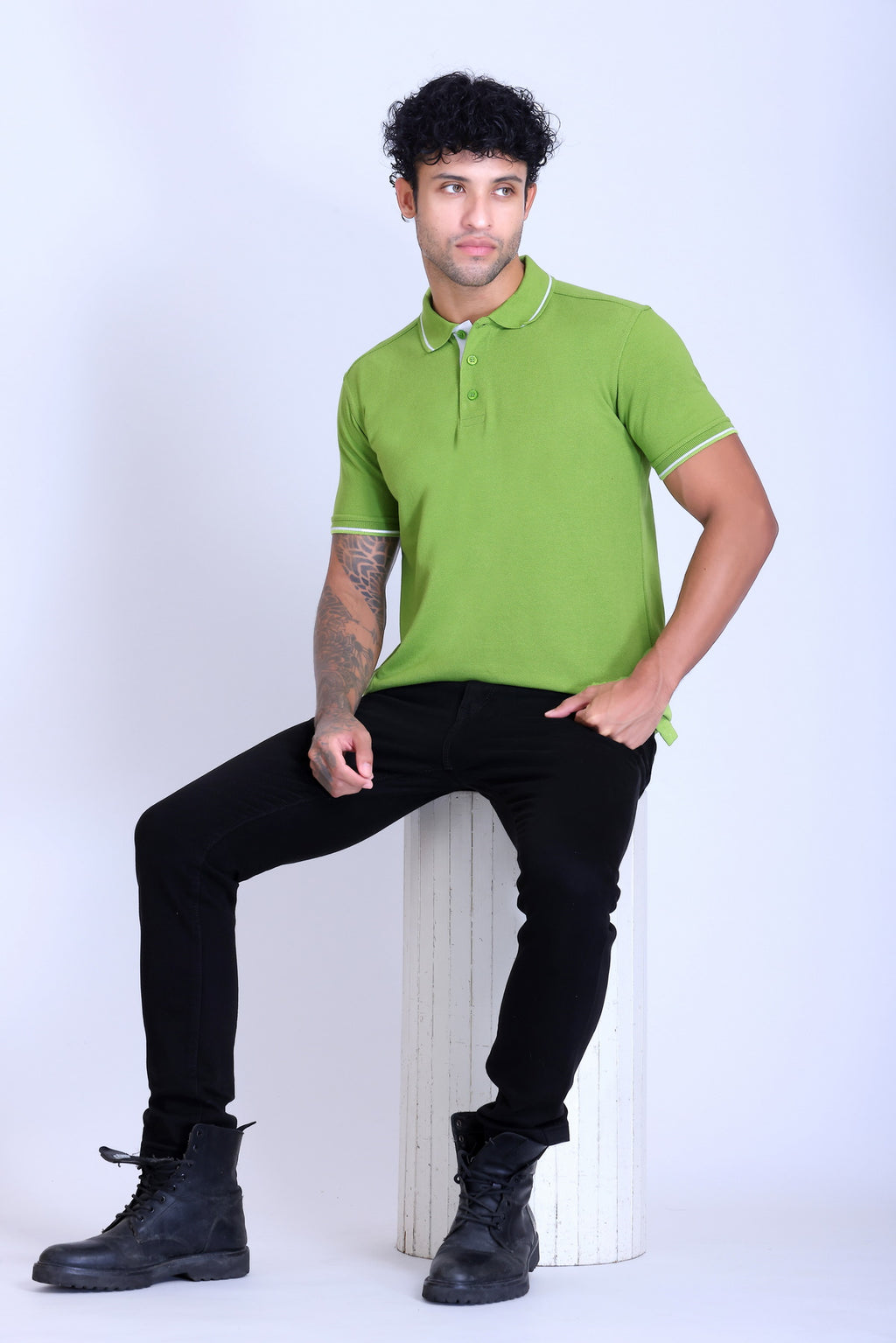 PIKMEE Highline Polo T-Shirt in Apple Green with White - image 7