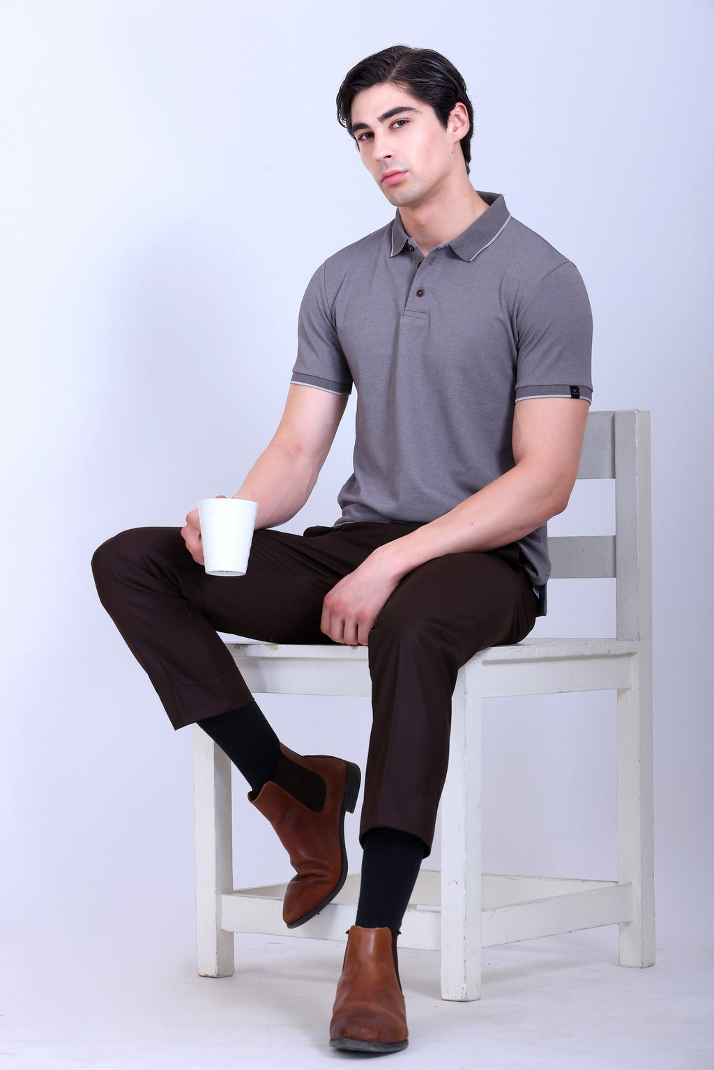 WINBARG Bird Eye Polo T-Shirt in Black Melange - image 6