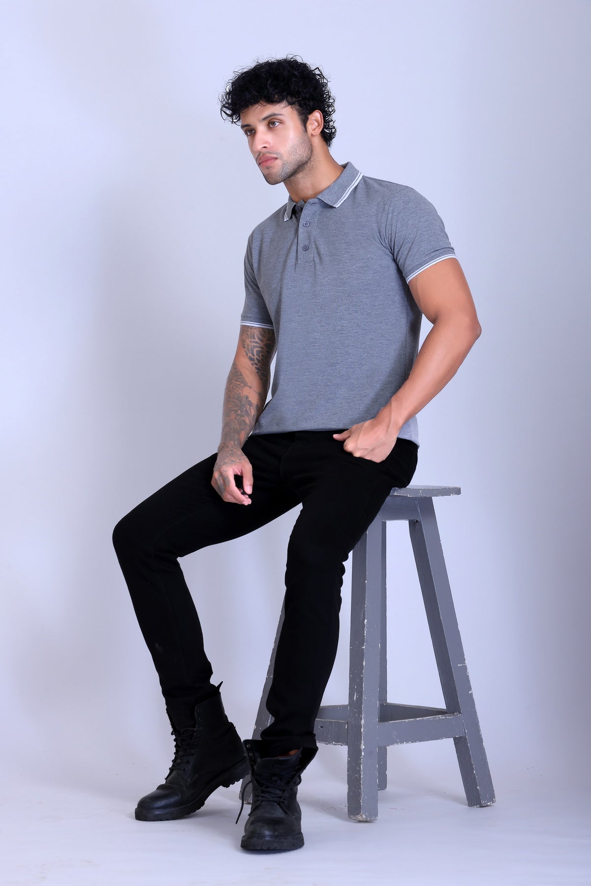 PIKMEE Tipline Polo T-Shirt in Grey Melange with White Tipping - image 7