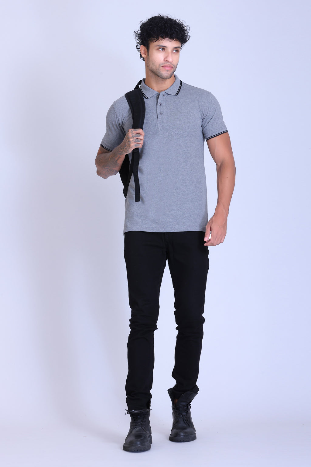 PIKMEE Tipline Polo T-Shirt in Grey Milange with Black Tipping - image 7