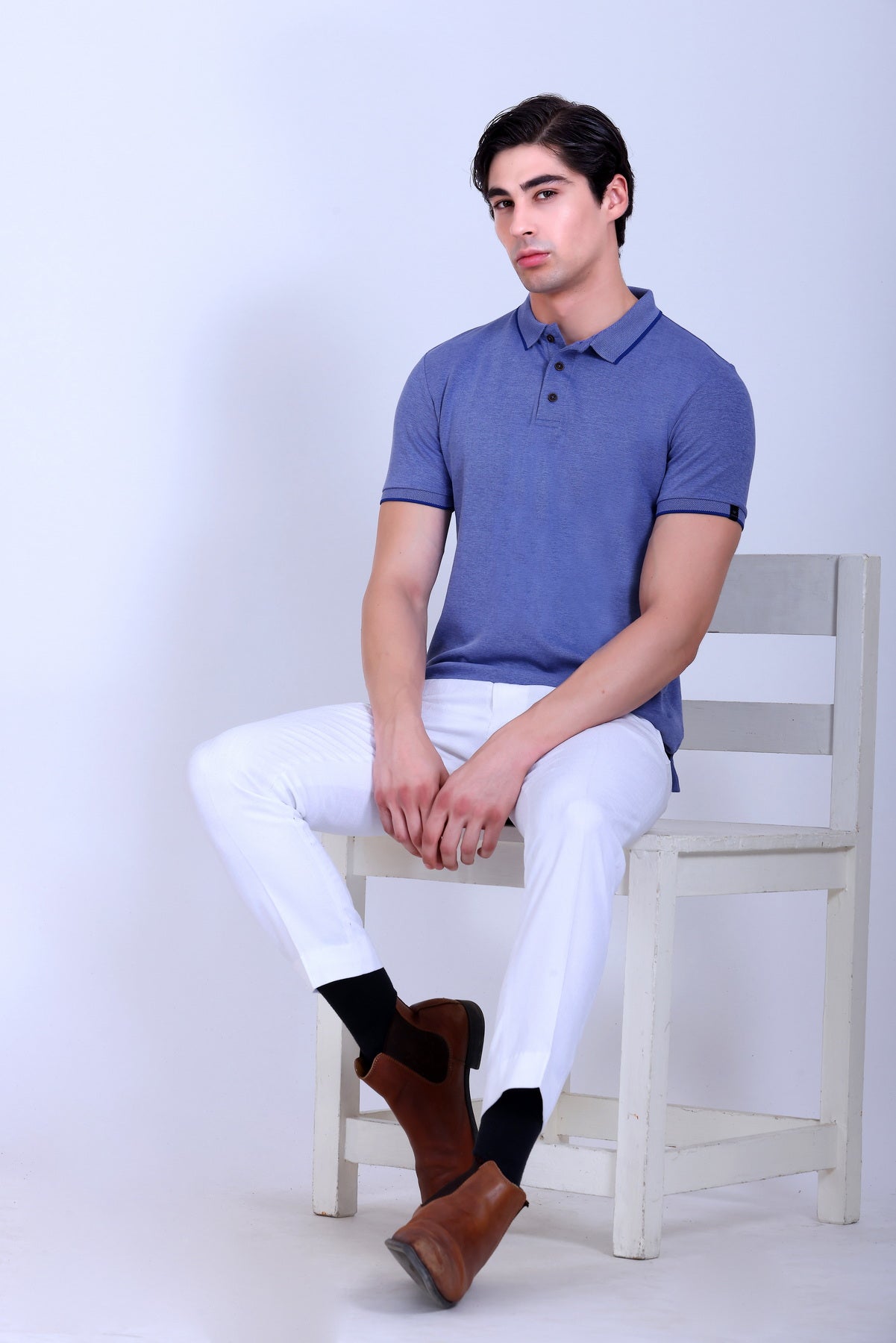WINBARG Bird Eye Polo T-Shirt in Blue Melange - image 6