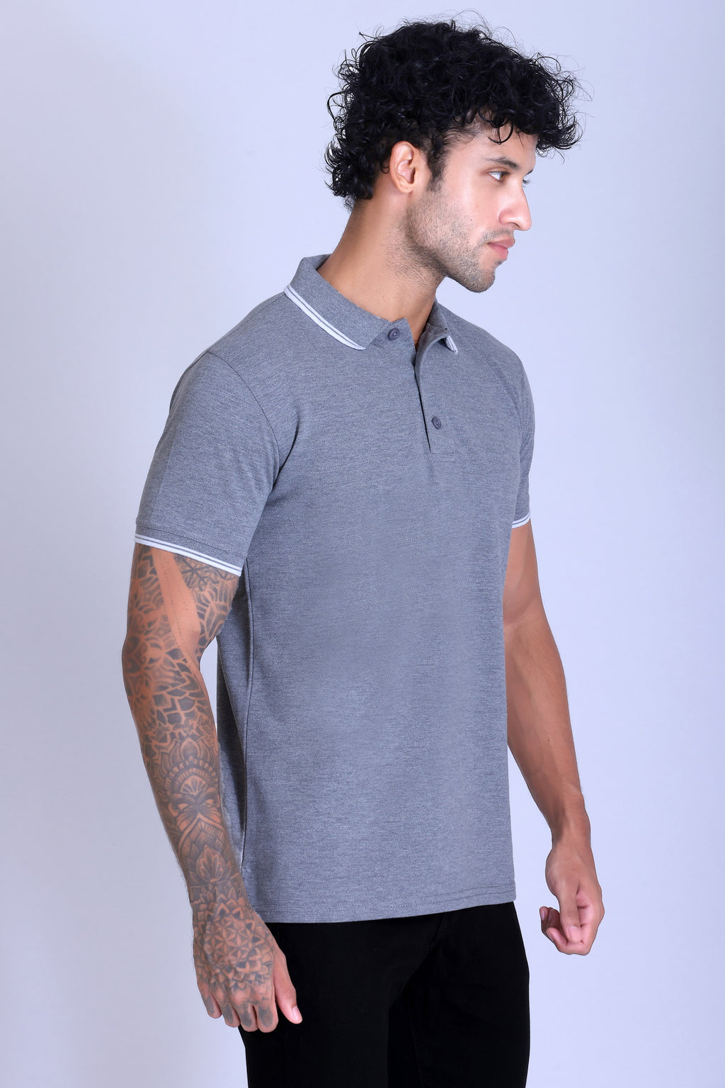 PIKMEE Tipline Polo T-Shirt in Grey Melange with White Tipping - image 8