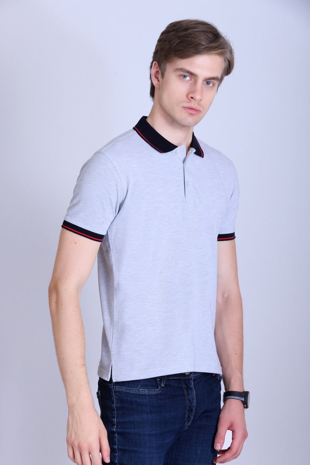 PIKMEE Highline Polo T-Shirt in White Melange with Red (Navy Collar) - image 8