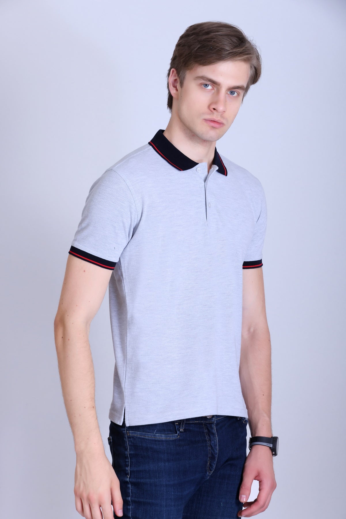 PIKMEE Highline Polo T-Shirt in White Melange with Red (Navy Collar) - image 8