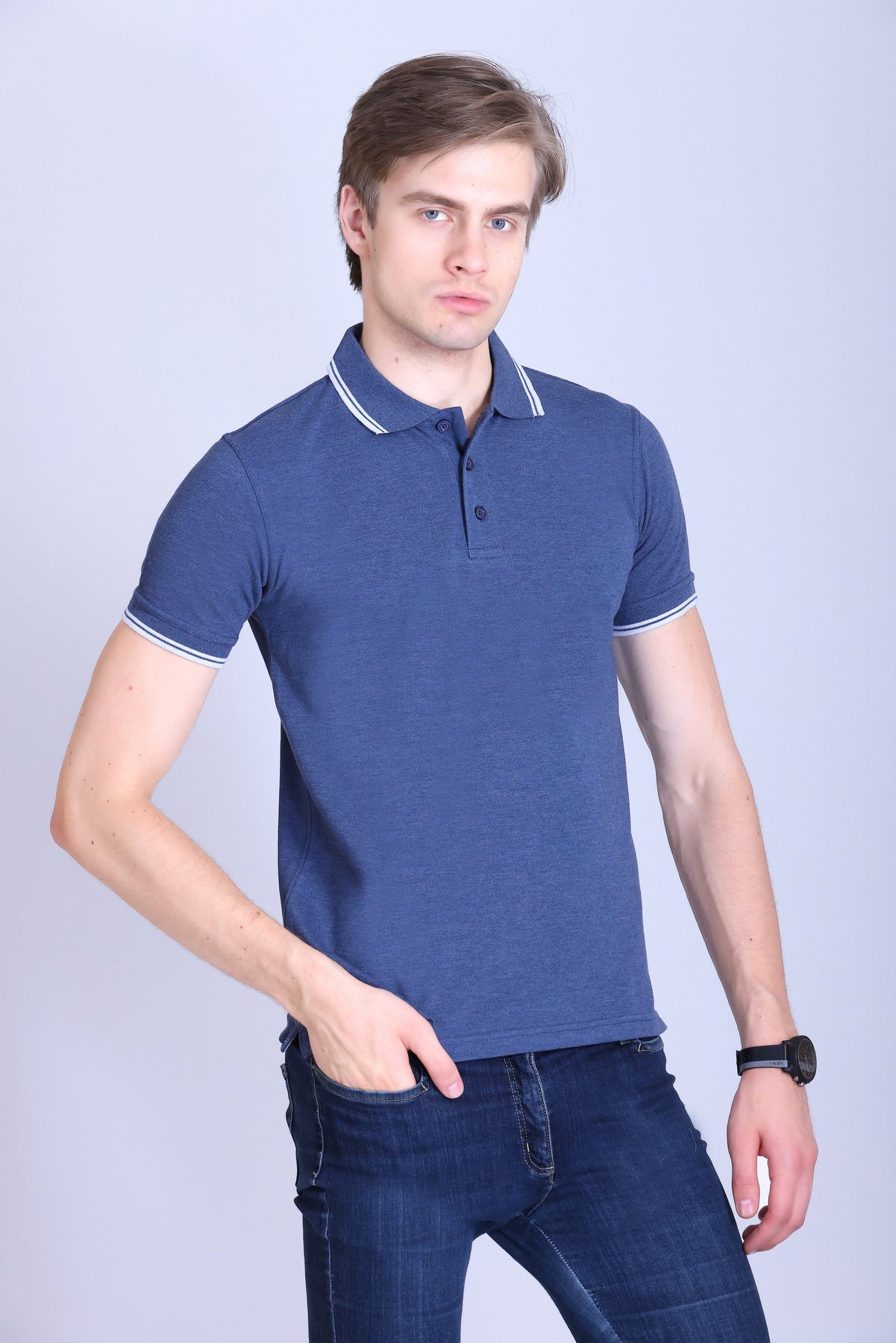 PIKMEE Tipline Polo T-Shirt in Denim with White Tipping - image 8