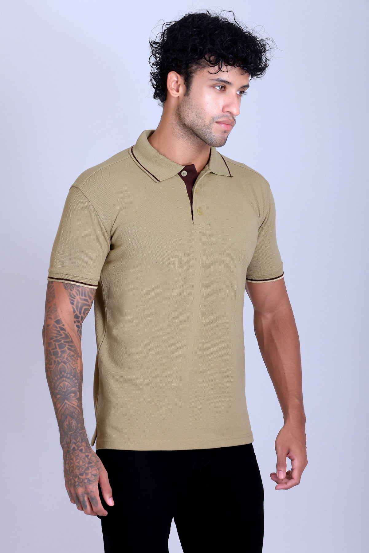 PIKMEE Highline Polo T-Shirt in Beige with Brown - image 8
