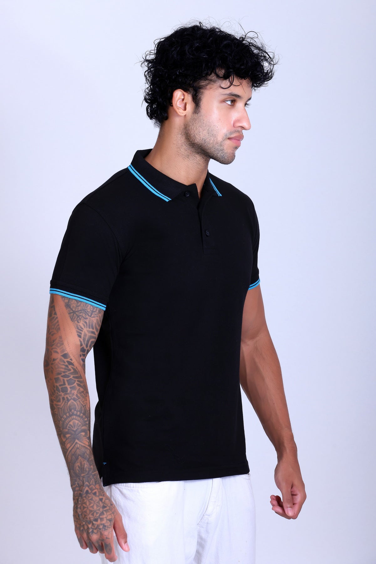 PIKMEE Tipline Polo T-Shirt in Black with Turquoise Blue Tipping - image 8