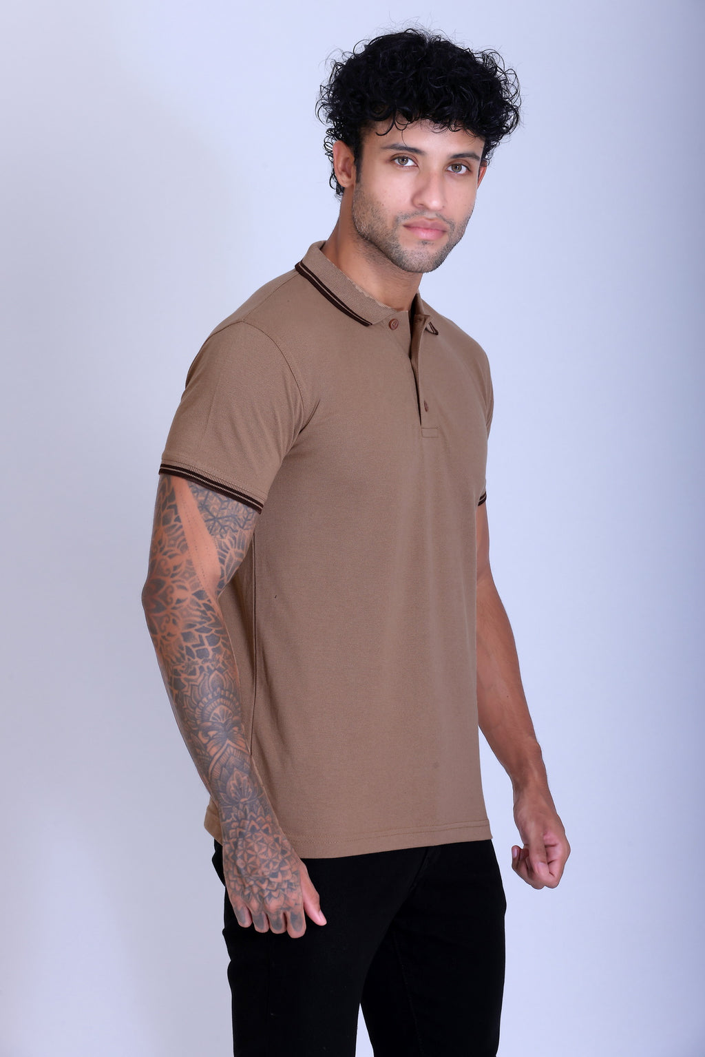 PIKMEE Tipline Polo T-Shirt in Beige with Brown Tipping - image 8