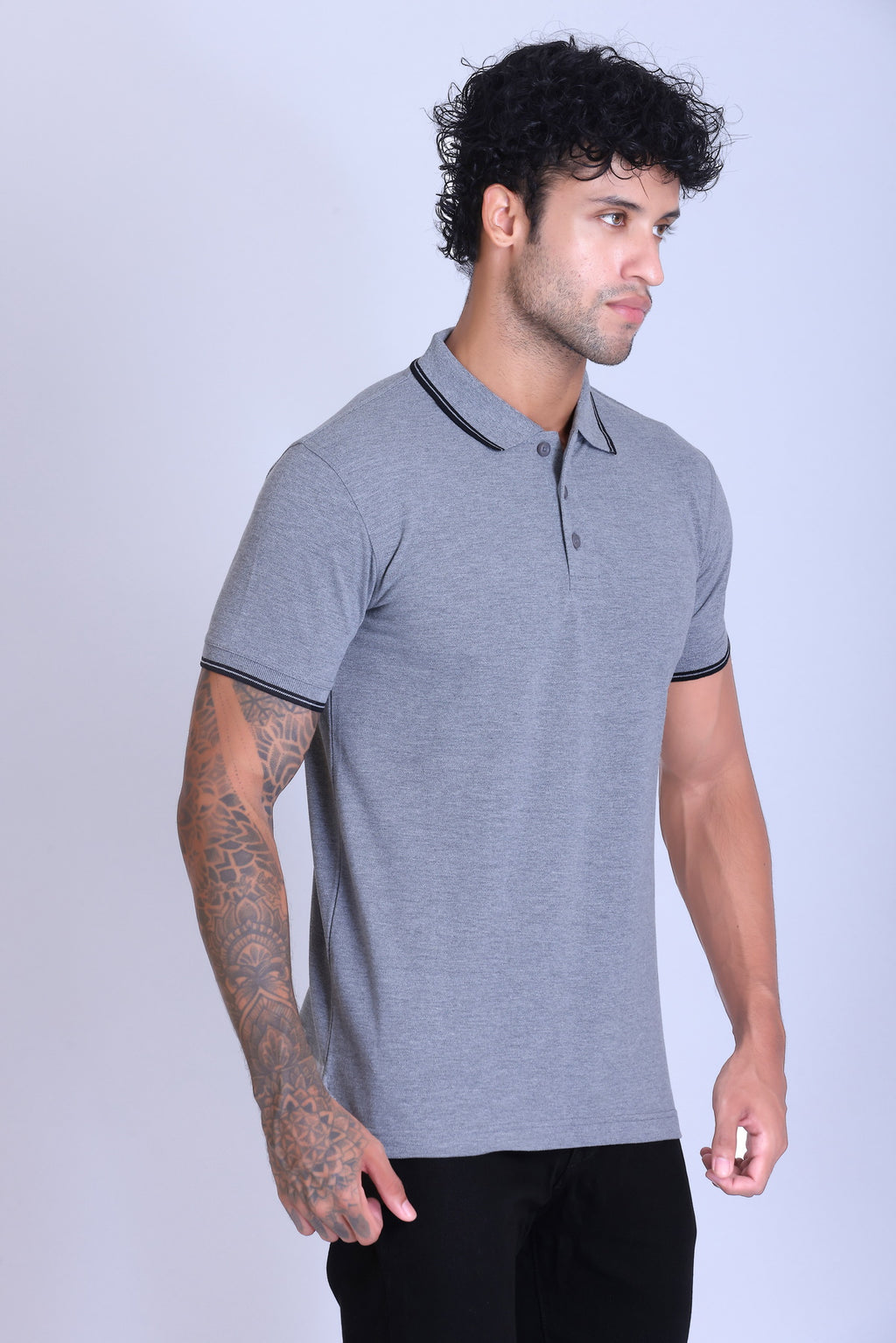 PIKMEE Tipline Polo T-Shirt in Grey Milange with Black Tipping - image 8
