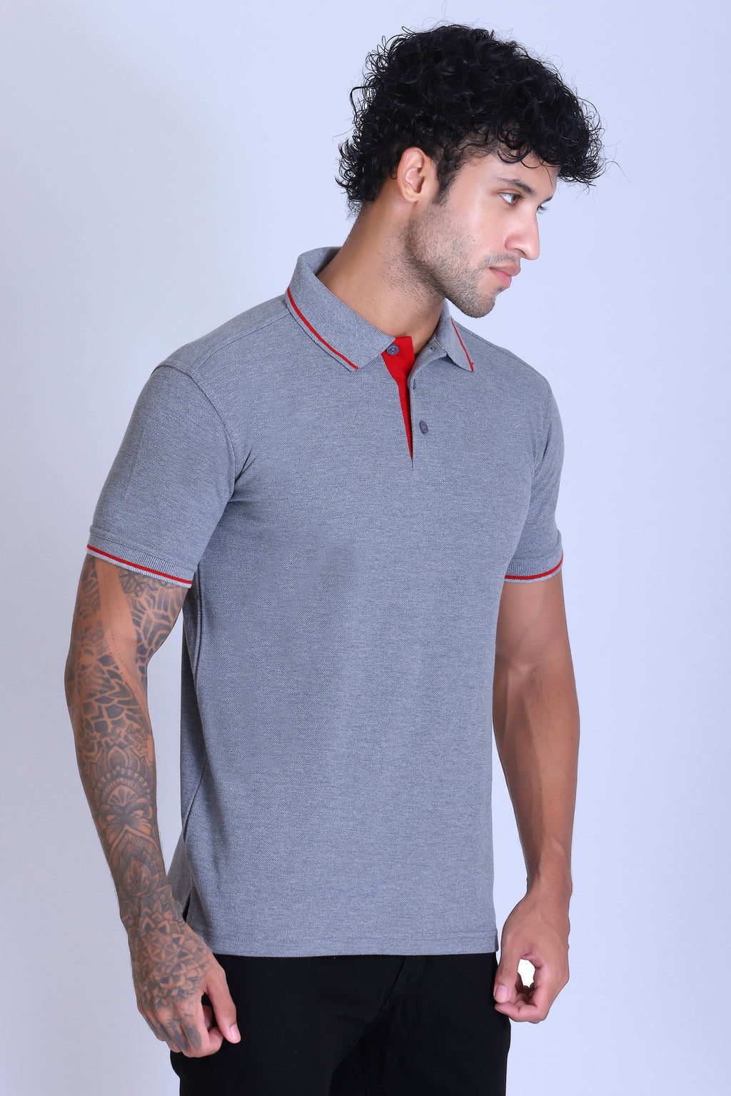PIKMEE Highline Polo T-Shirt in Grey Melange with Red - image 8