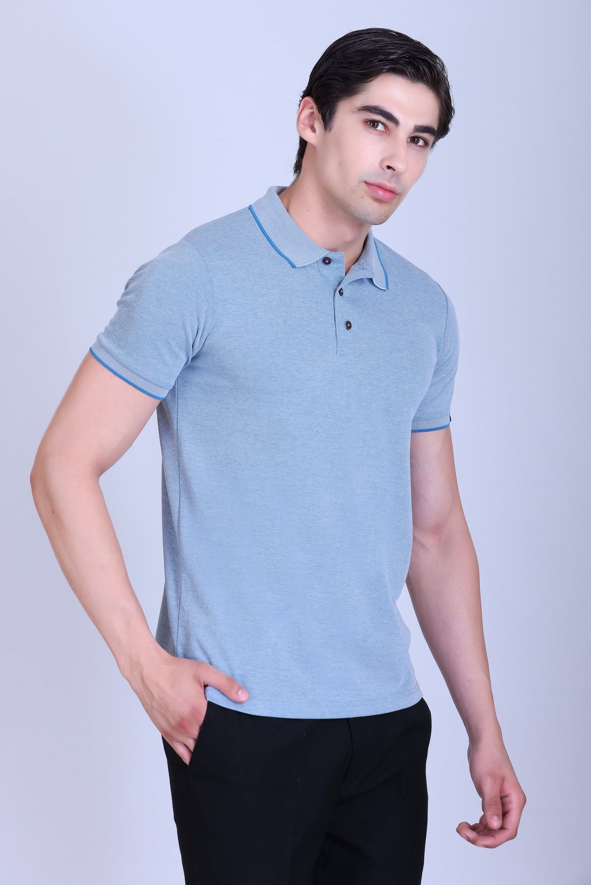 WINBARG Bird Eye Polo T-Shirt in Sky Melange - image 7
