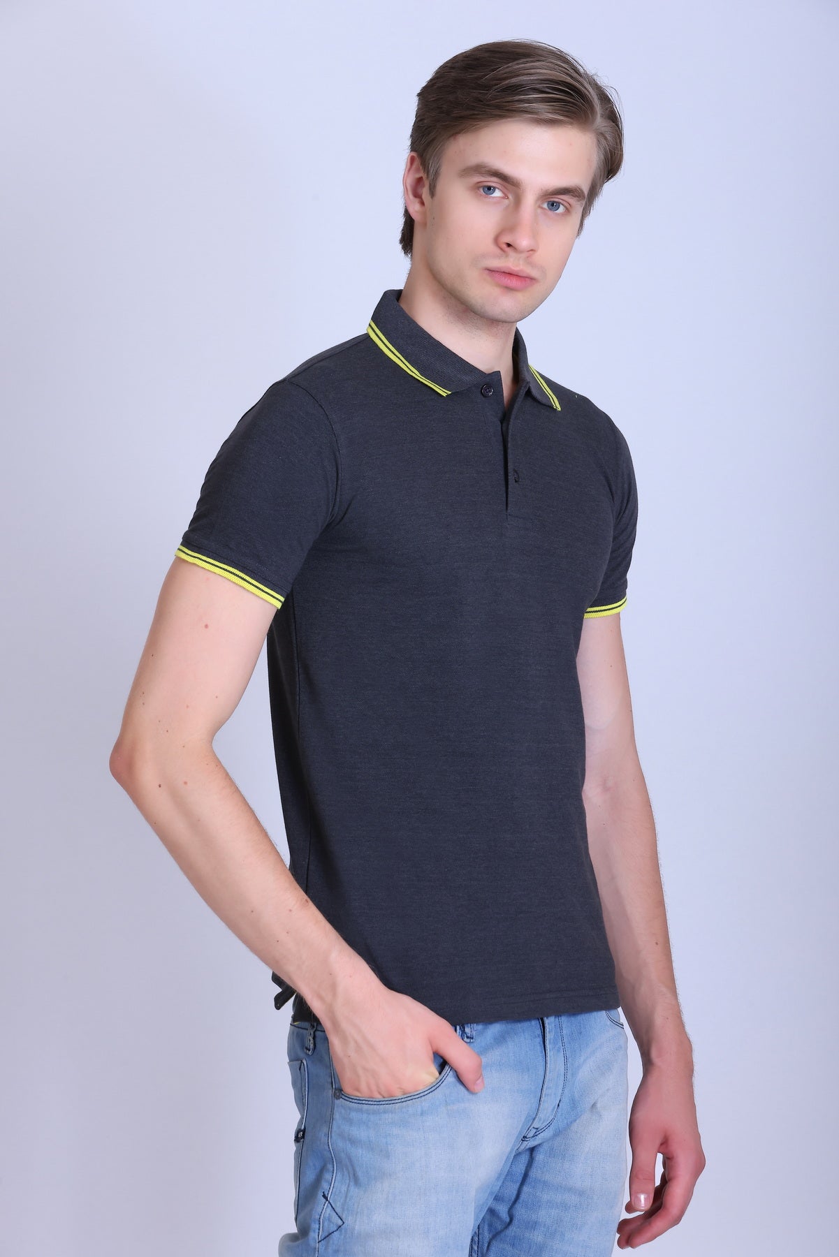 PIKMEE Tipline Polo T-Shirt in Charcoal Grey with Yellow Tipping - image 8