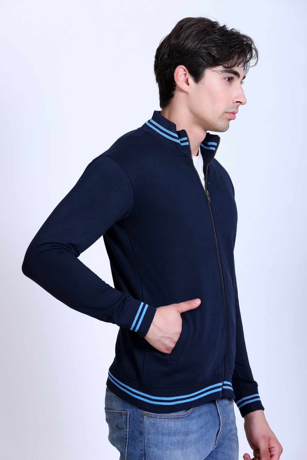 Pikmee Zero Degree Men's Turtle Neck Sweatshirt - Navy Blue With Electric Blue