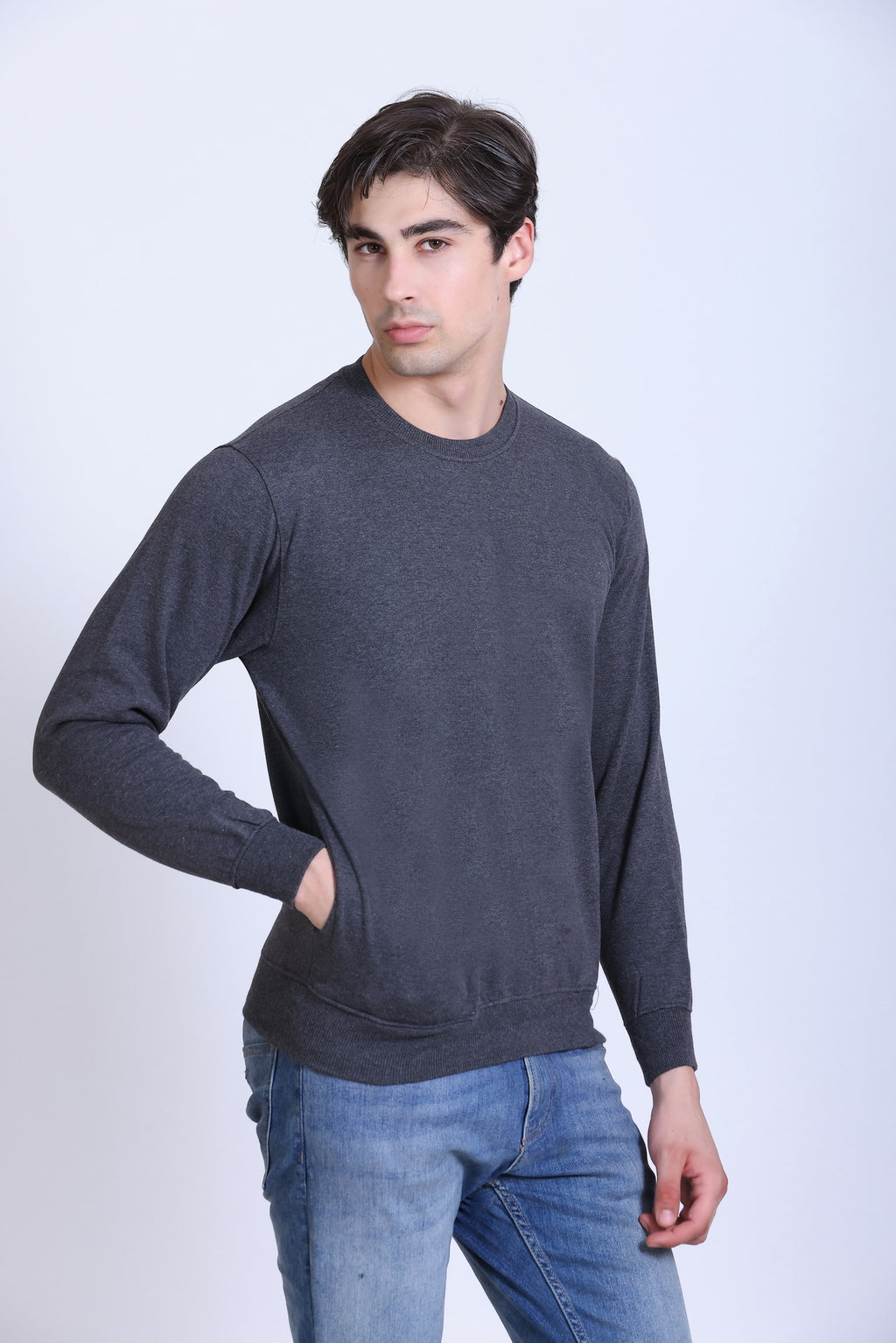 Pikmee Zero Degree Men's Crew Neck Cotton Fleece Sweatshirt - Charcoal Grey