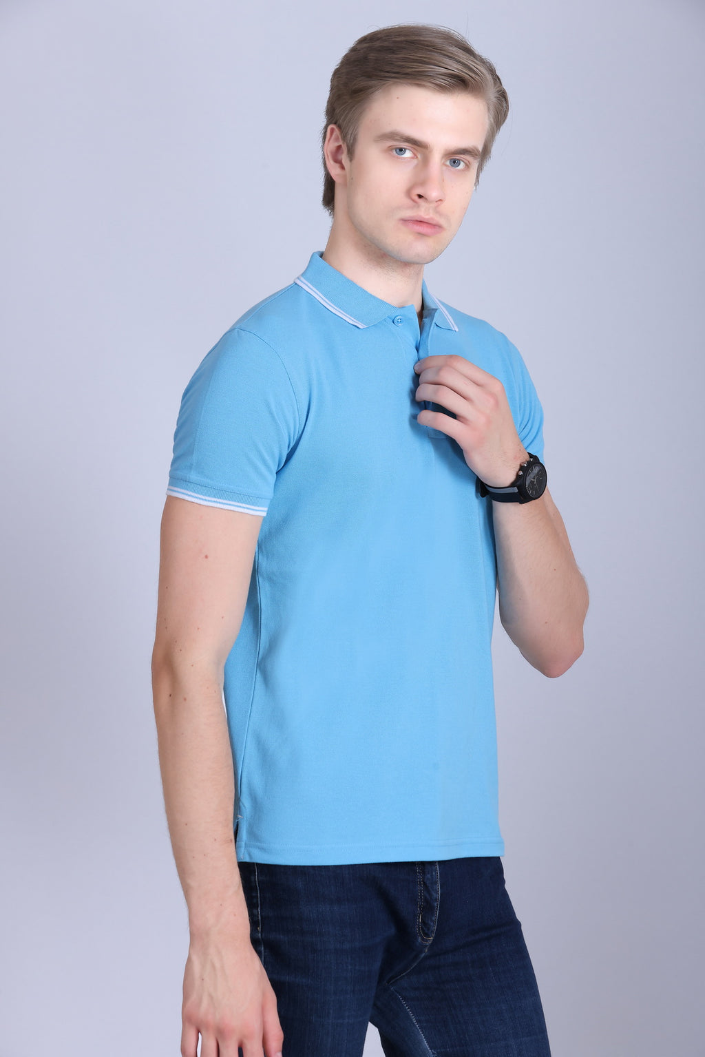 PIKMEE Tipline Polo T-Shirt in Sky Blue with White Tipping - image 8